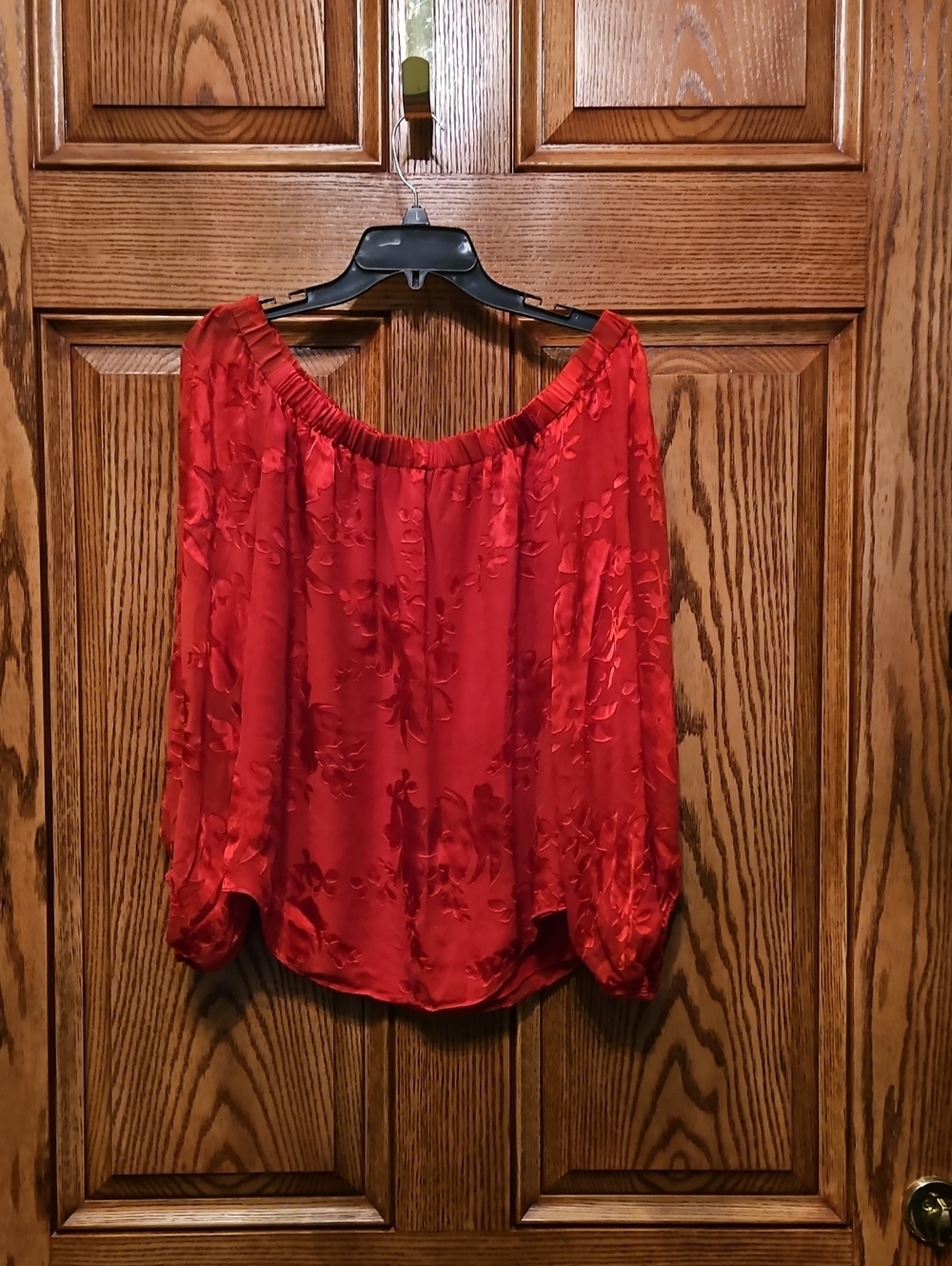 White House Black Market Red Off-Shoulder Floral Satin Blouse